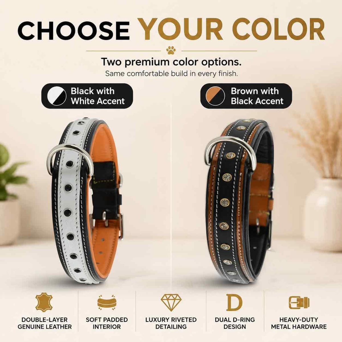 GemForge Duo Leather Dog Collar, Soft Padded, Medium, Brown