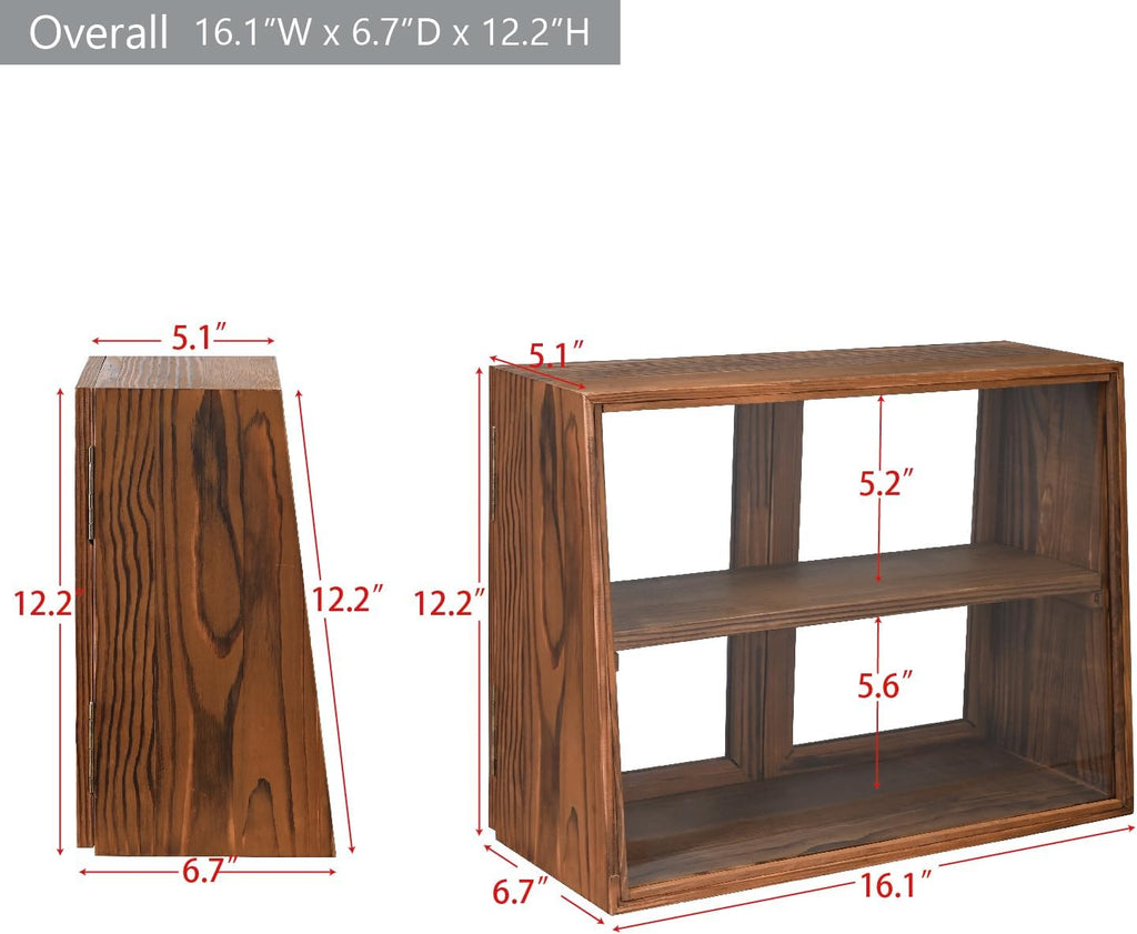 Wood Glass Display Case with Double Doors, 2-Level Shelf, Brown | Brown wood-and-glass case with double doors and