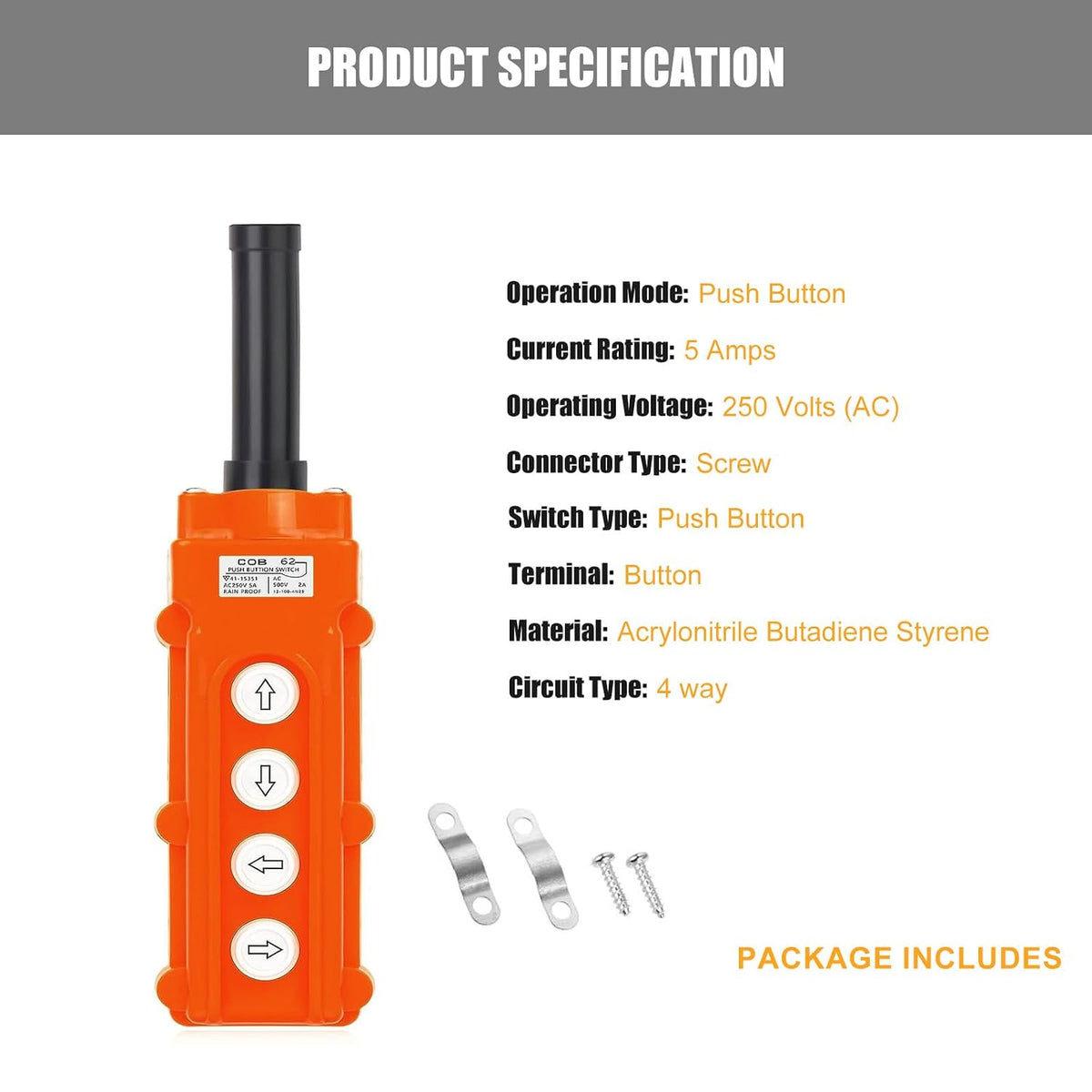 4 Ways Hoist Crane Push Button Switch Rainproof COB-62, 250V, 5 Amp, 500V, 2 Amp, Orange Hoist Pendant Switch with Rubber Cable Barrel