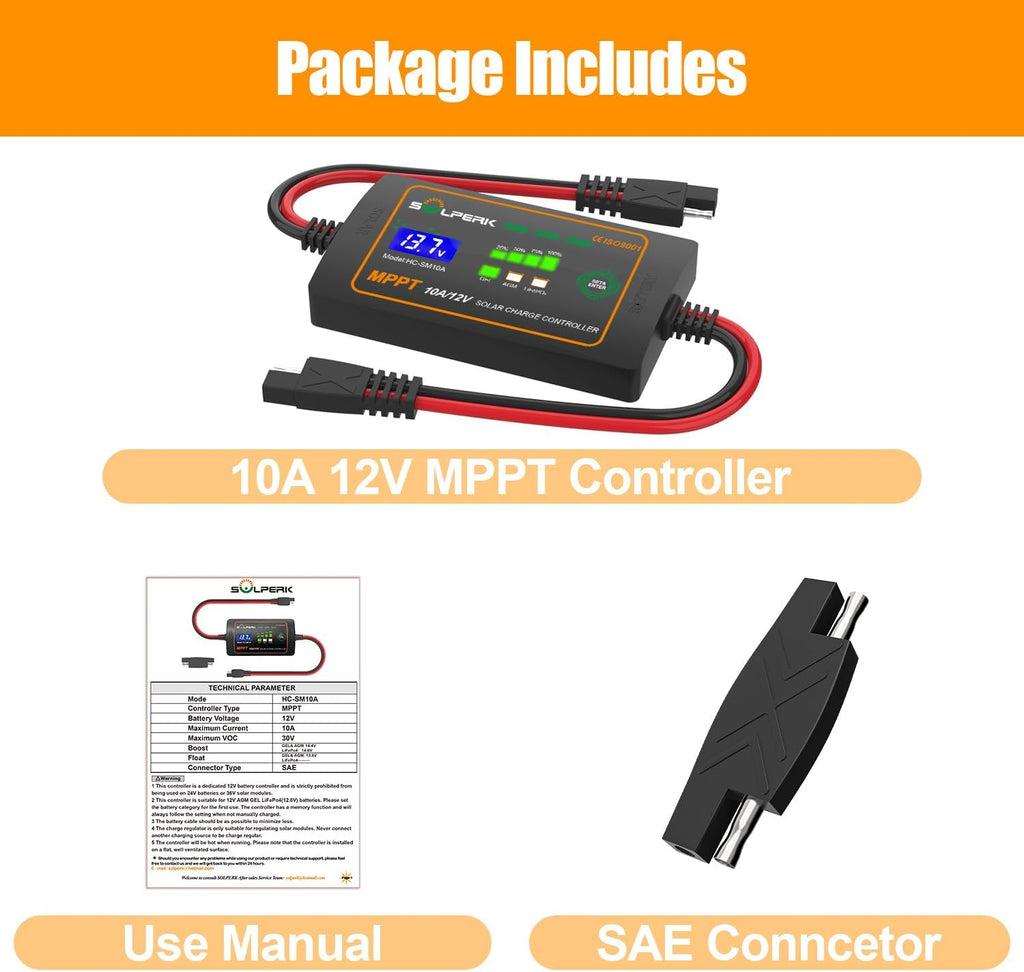 10A 12V MPPT Solar Charge Controller with LCD Display, Intelligent Solar Panel Controller Portable Solar Panel