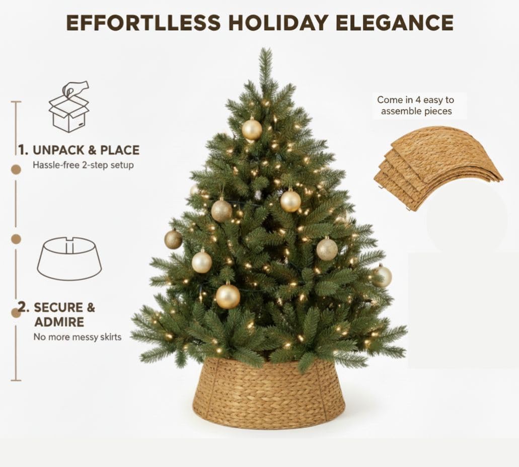 Hyacinth Christmas Tree Collar 27" - Natural Hand-Woven Basket Base Cover - Warm and Cozy Rustic Farmhouse Decoration