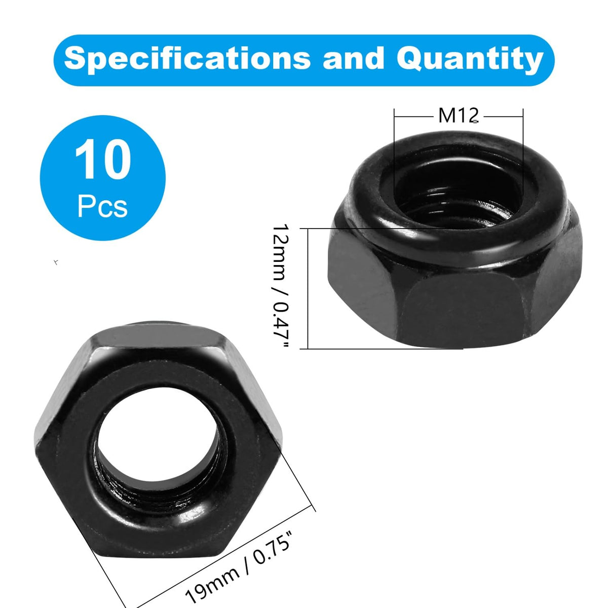 10Pcs M12 x 1.75mm Nylon Insert Hex Lock Nuts Locknuts Black
