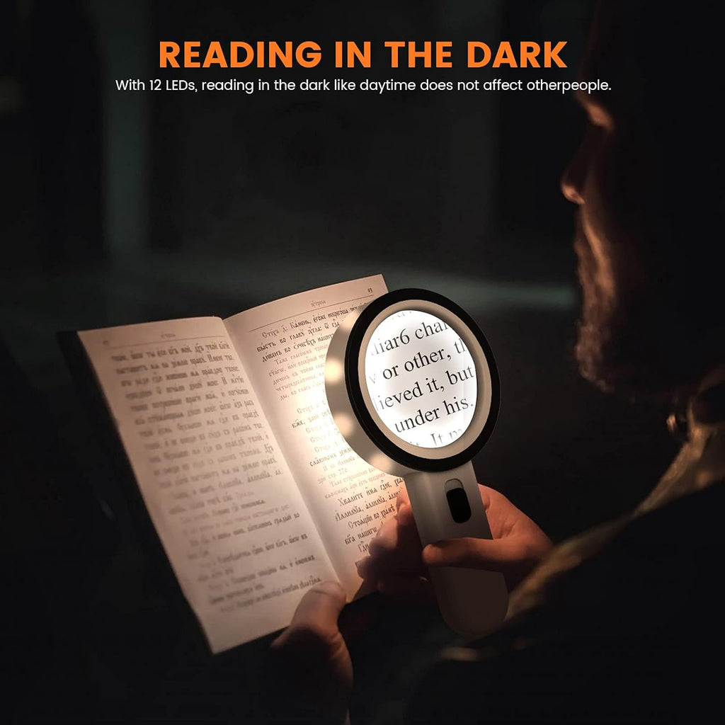 Magnifying Glass with Light, Double-Layer Glass Lens Handheld Large Magnifying Glass 12 LED Lighted Magnifier for