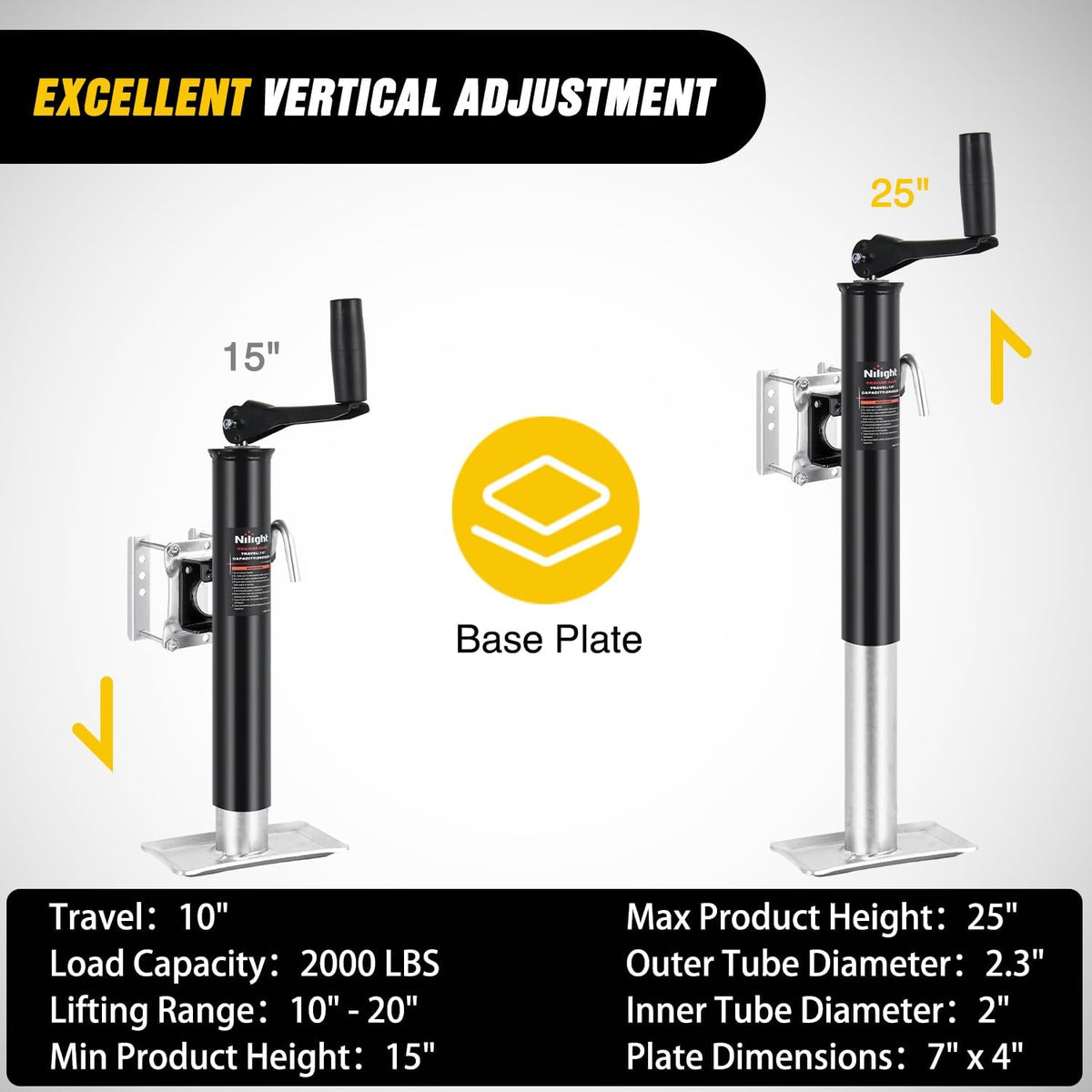 Trailer Jack 2000 LBS Swivel Bolt-On RV Jacks 10" Vertical Travel