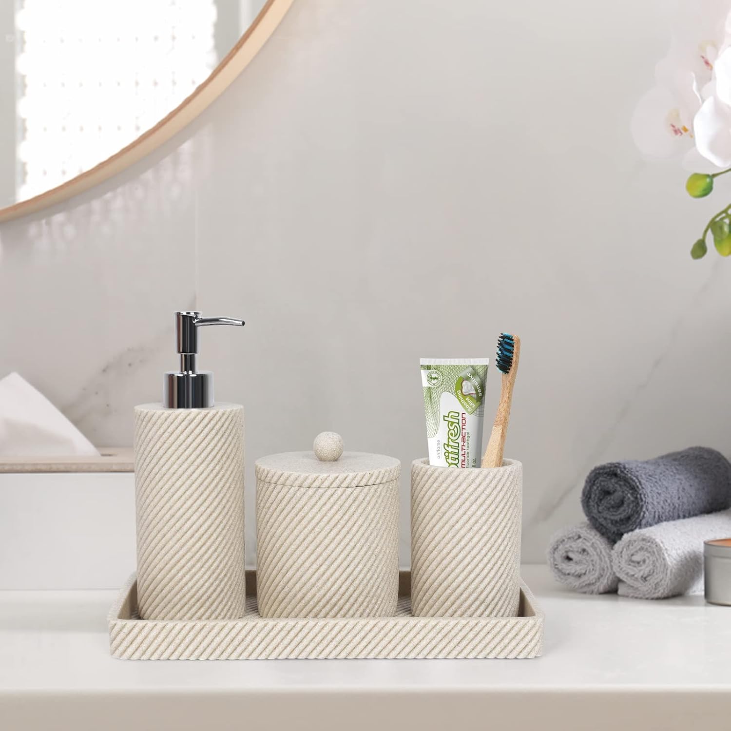 Beige Bathroom Accessories Set 4 Pcs - Toothbrush Holder,Lotion Soap Dispenser,Qtip Holder Dispenser,Vanity Tray for