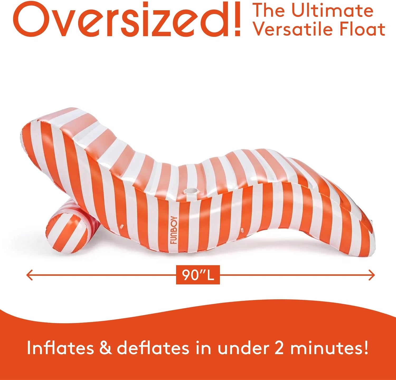 Giant Inflatable Luxury Orange & White Cabana Striped Chaise Lounger, Chair Pool Float for Adults, Perfect for a
