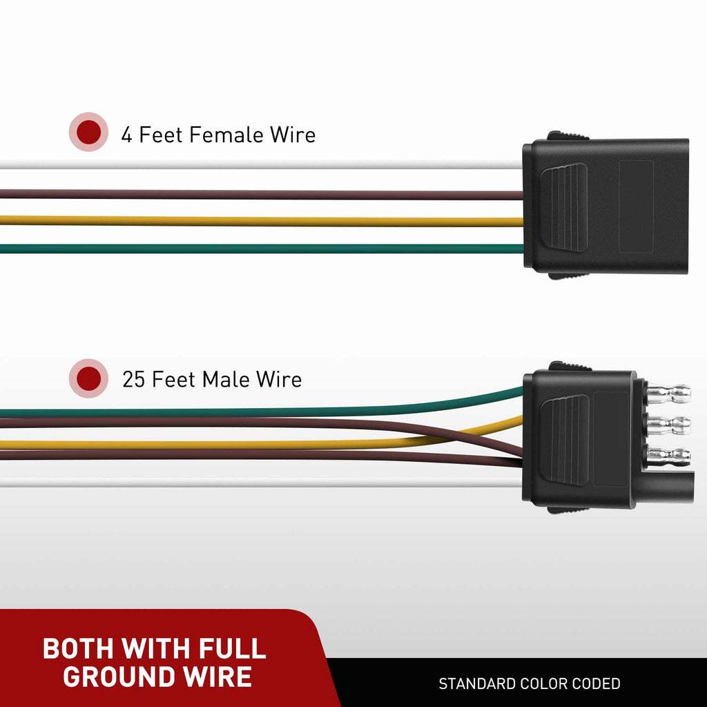 10039W 4 Pin Flat Trailer Wiring Harness Kit 18AWG 25Feet Male 4Feet Female Wishbone-Style Wiring Harness Extension