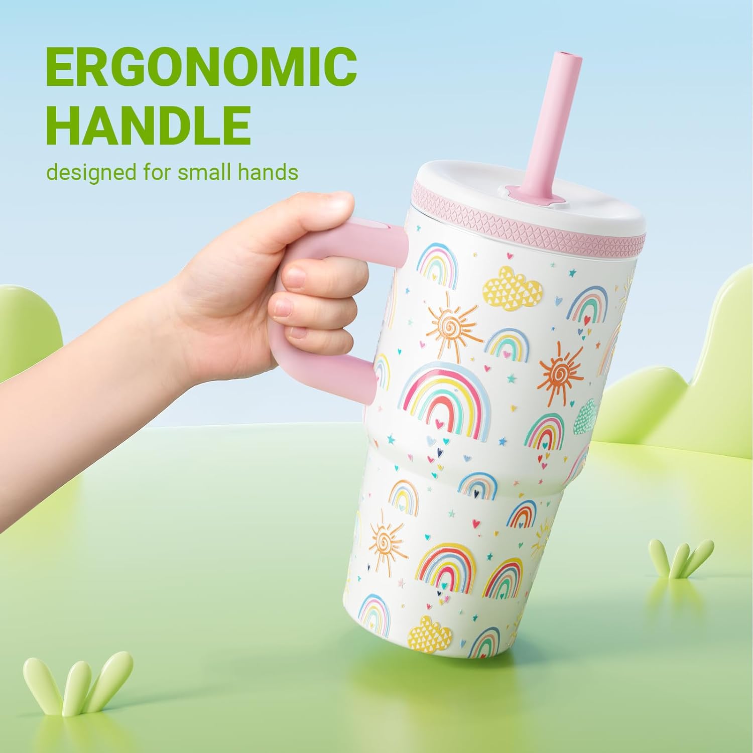 20 Oz Kids Tumbler with Handle, Stainless Steel Cute Water Bottle | Spill Proof Kid Cups with Screw-On Lid and