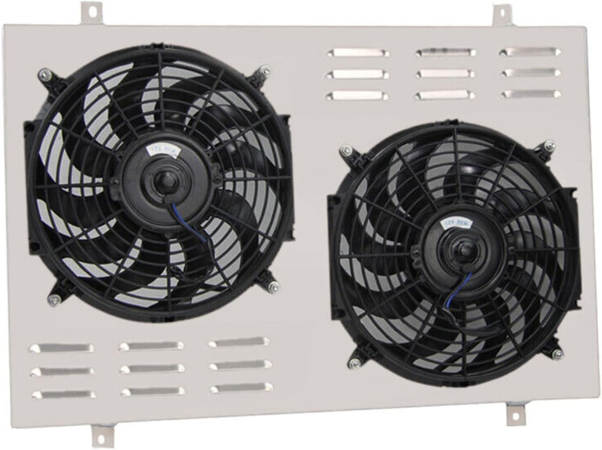 CC1451 Aluminum Crossflow Radiator Shroud with Electric Fan for 1985-1997 Ford F150 F250 F350 Bronco 5.0L/5.8L V8 1986 1987 1988 1989 1990 1992 1993 1994 1995 2x12" Fans Thermostat Relay Kit