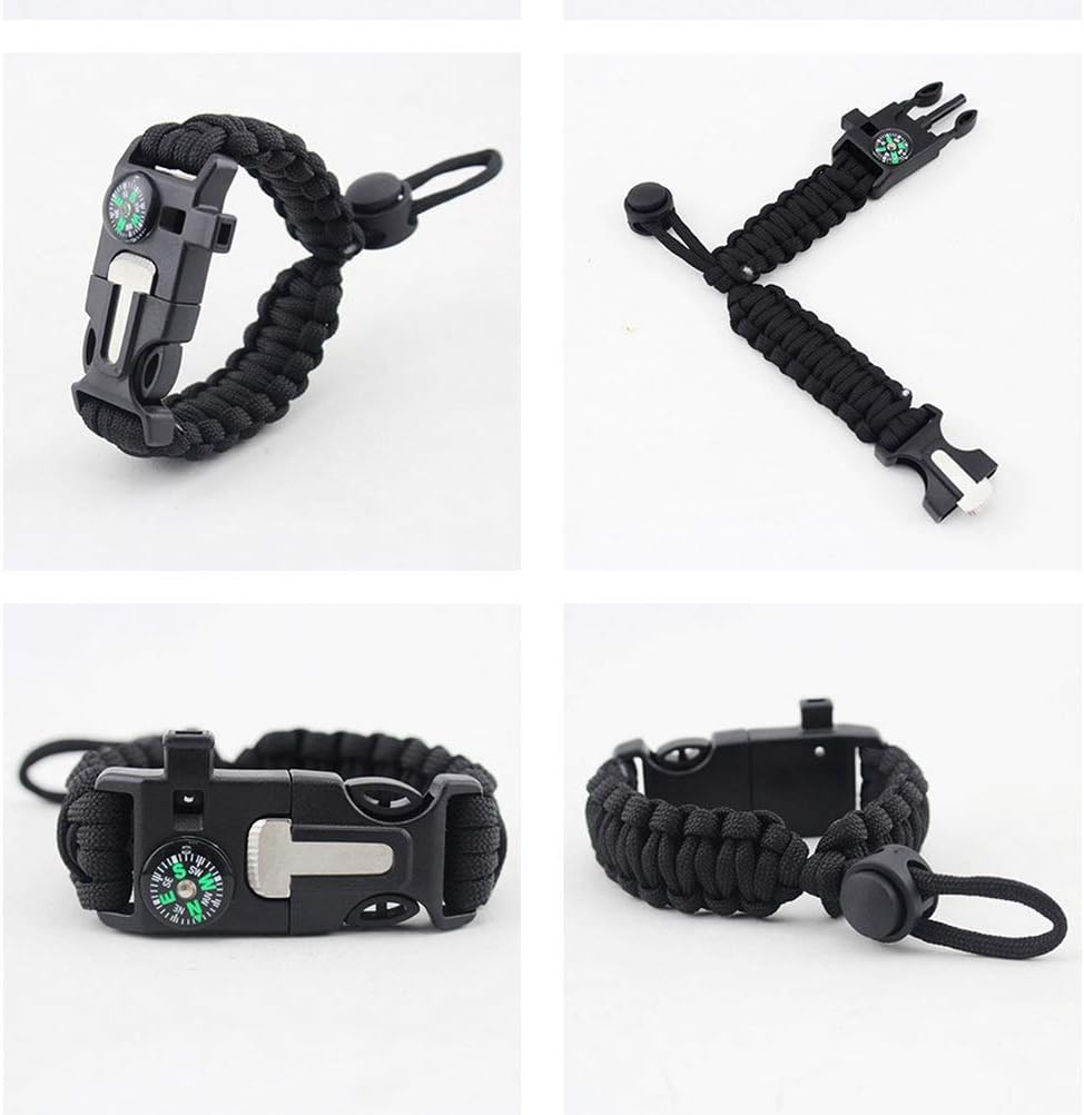 Survival Paracord Bracelet Flint Fire Starter Scraper Compass Wilderness Survival Whistle Adjustable Wristband 2Pack