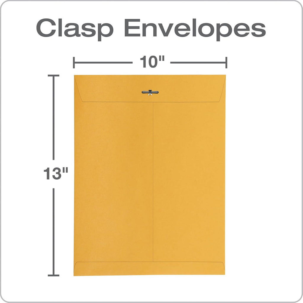 10 x 13 Clasp Envelopes, Clasp and Gummed Closures for Storing or Mailing, 28 lb Kraft Paper, 100 per Box (QUA38197)