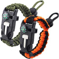 Survival Paracord Bracelet Flint Fire Starter Scraper Compass Wilderness Survival Whistle Adjustable Wristband 2Pack