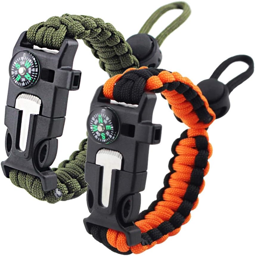 Survival Paracord Bracelet Flint Fire Starter Scraper Compass Wilderness Survival Whistle Adjustable Wristband 2Pack