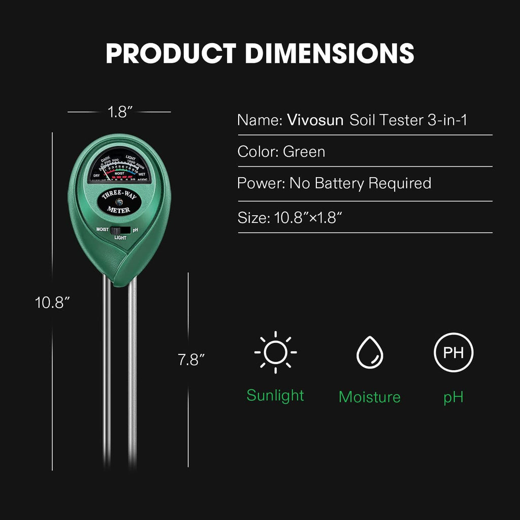 VIVOSUN Plant Soil Moisture Meter, 3-in-1 pH Tester, Indoor & Outdoor Use | Battery-Free; 3-in-1 Plant pH Tester;