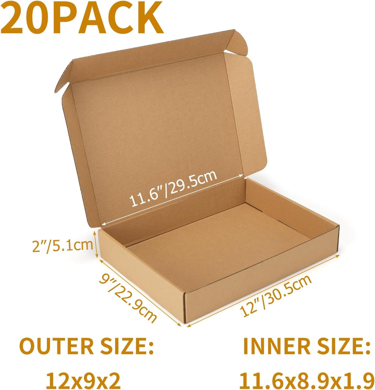 20 Pack 12x9x2 inch Cardboard Shipping Boxes, Brown Mailing Box