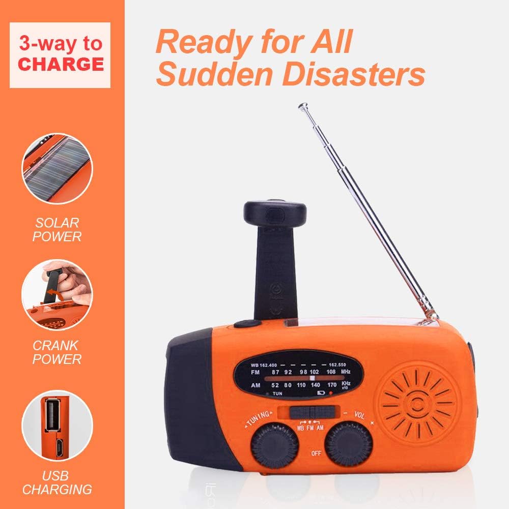 2000mAh NOAA Emergency Weather Radio Solar Hand Crank AM/FM Survival Radio | 4-Mode LED Flashlight & SOS Alarm