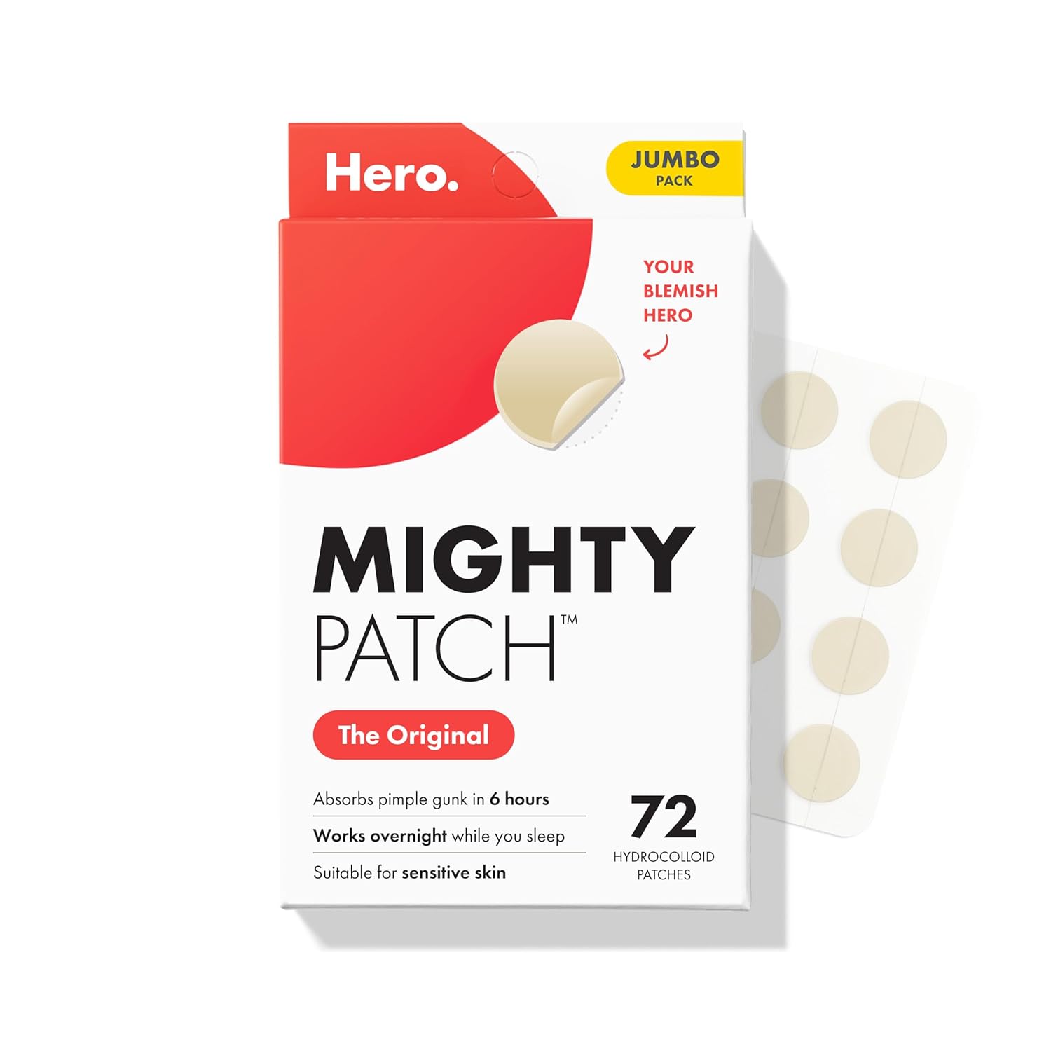 Hero Cosmetics Original Nighttime Acne Pimple Patches, 72 Ct | #1 Hydrocolloid Acne Patches, Shrinking Zits &