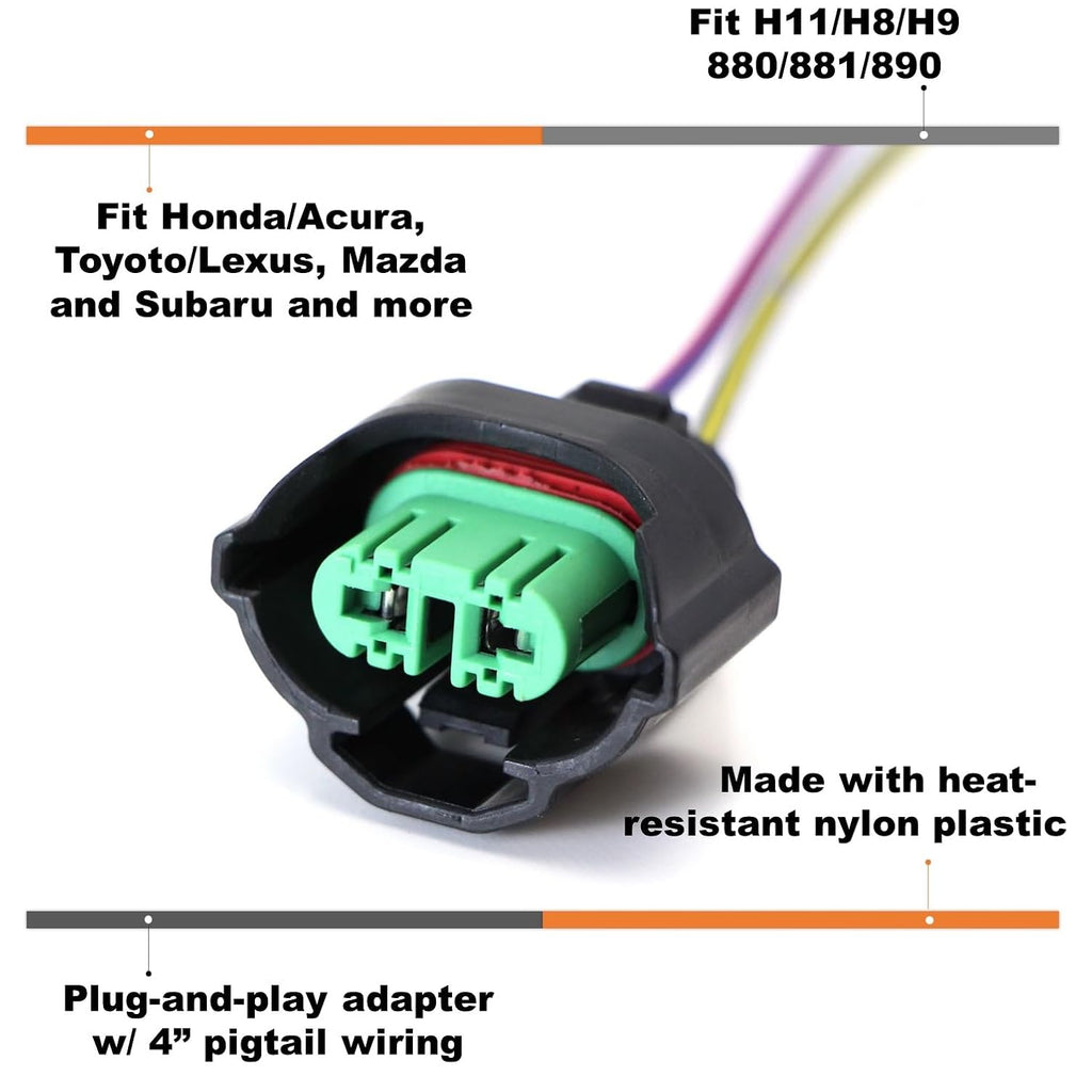 OEM H11 H8 Female Adapters Wiring Harness Sockets w/ 4-Inch Wire Pigtails Compatible with Front Light or Fog Lights Use