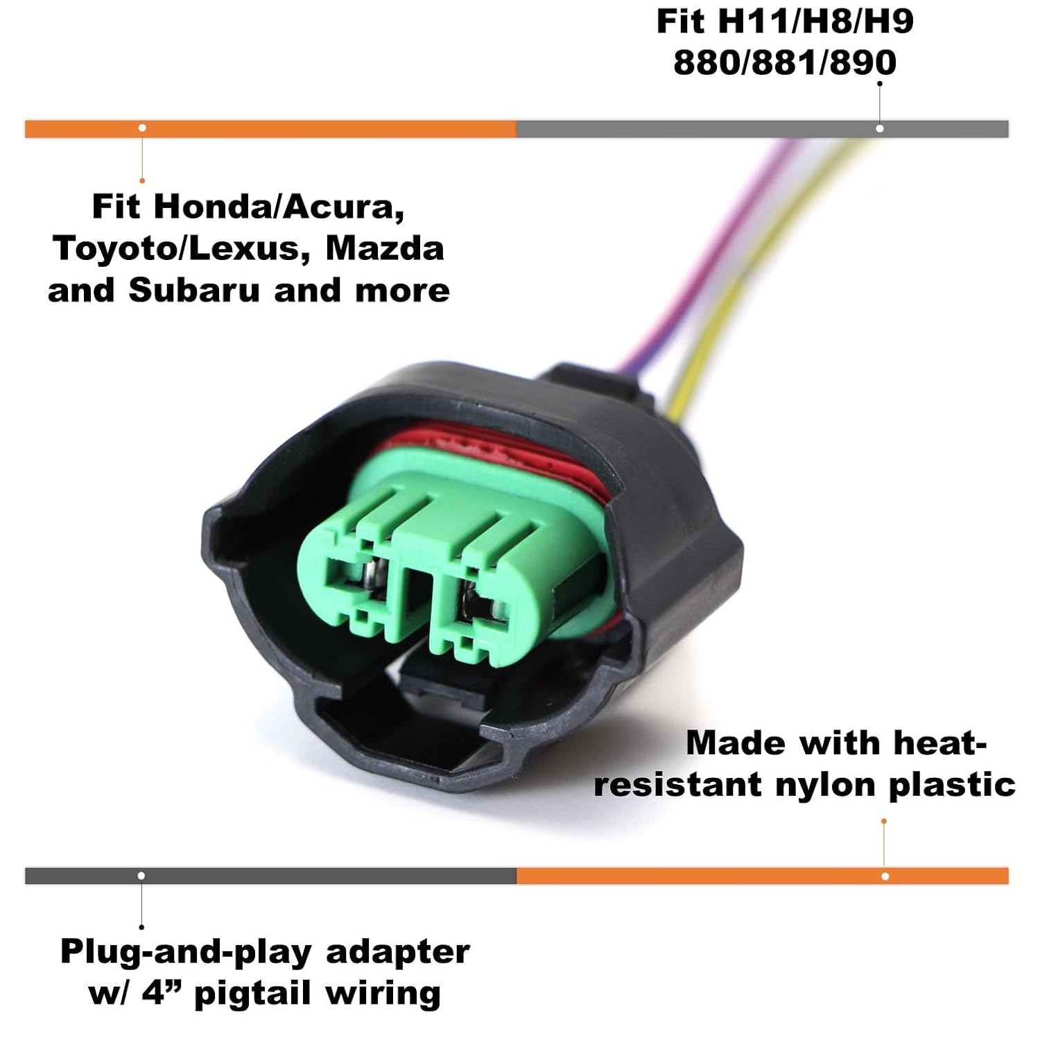 OEM H11 H8 Female Adapters Wiring Harness Sockets w/ 4-Inch Wire Pigtails Compatible with Front Light or Fog Lights Use