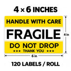 120 PCS 6" × 4" Fragile Shipping Stickers Do Not Drop Labels