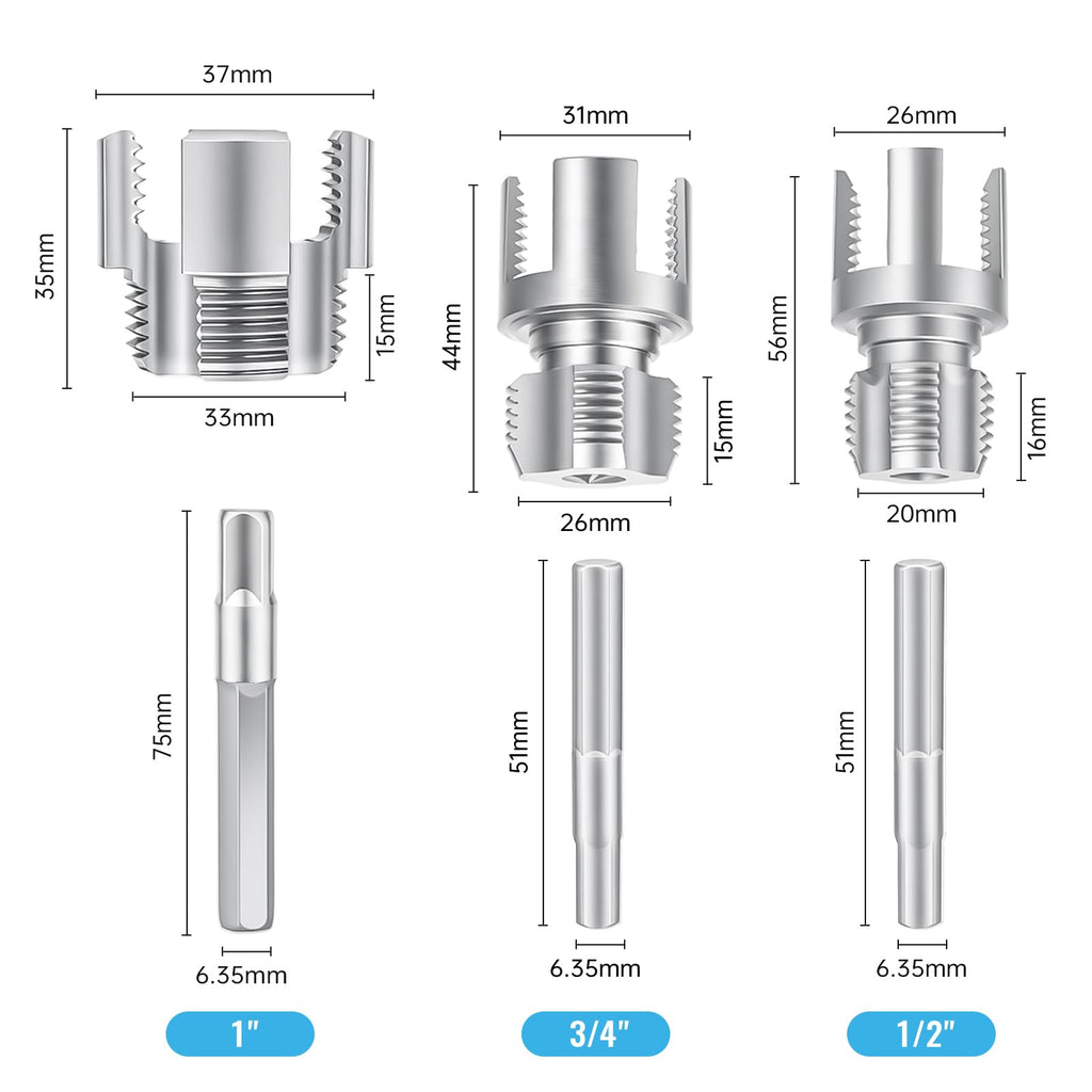 3PCS Integrated PVC Pipe Threader Tool - 1/2" & 3/4" & 1" Dual-Function Internal External Pipe Threading Tool for Water Pipe, Electric Drill Compatible Heavy-Duty Pipe Thread Cutting Tool Set (3 Size)