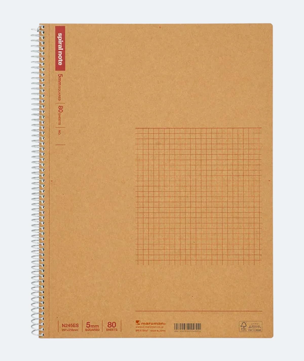 Spiral Note Basic Notebook, 160 Pages, A4, 5mm Graph Paper | 8.27"x11.69" Grid, Kraft Cover, Twin-Wire Bound To Lay