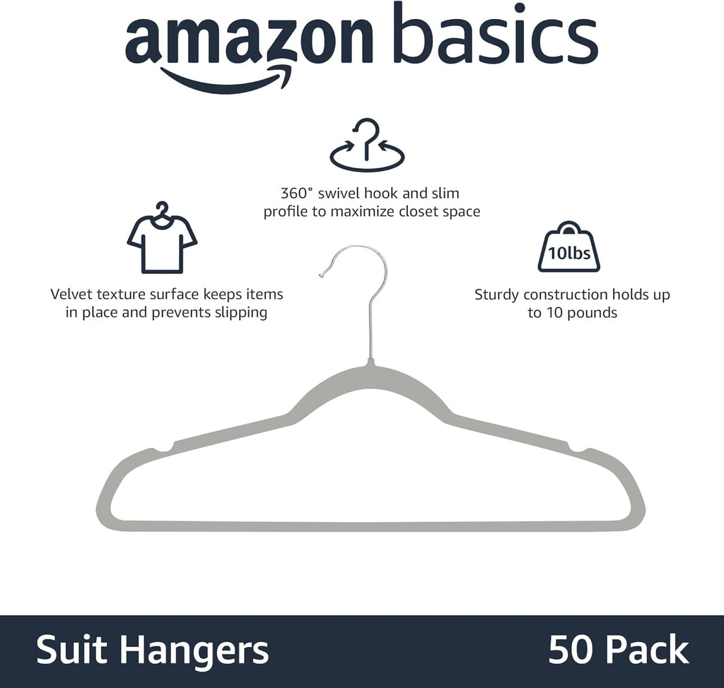 Slim Velvet Non-Slip Space Saving Suit Clothes Hangers, Closet Organizer, Gray/Silver, 50-Pack