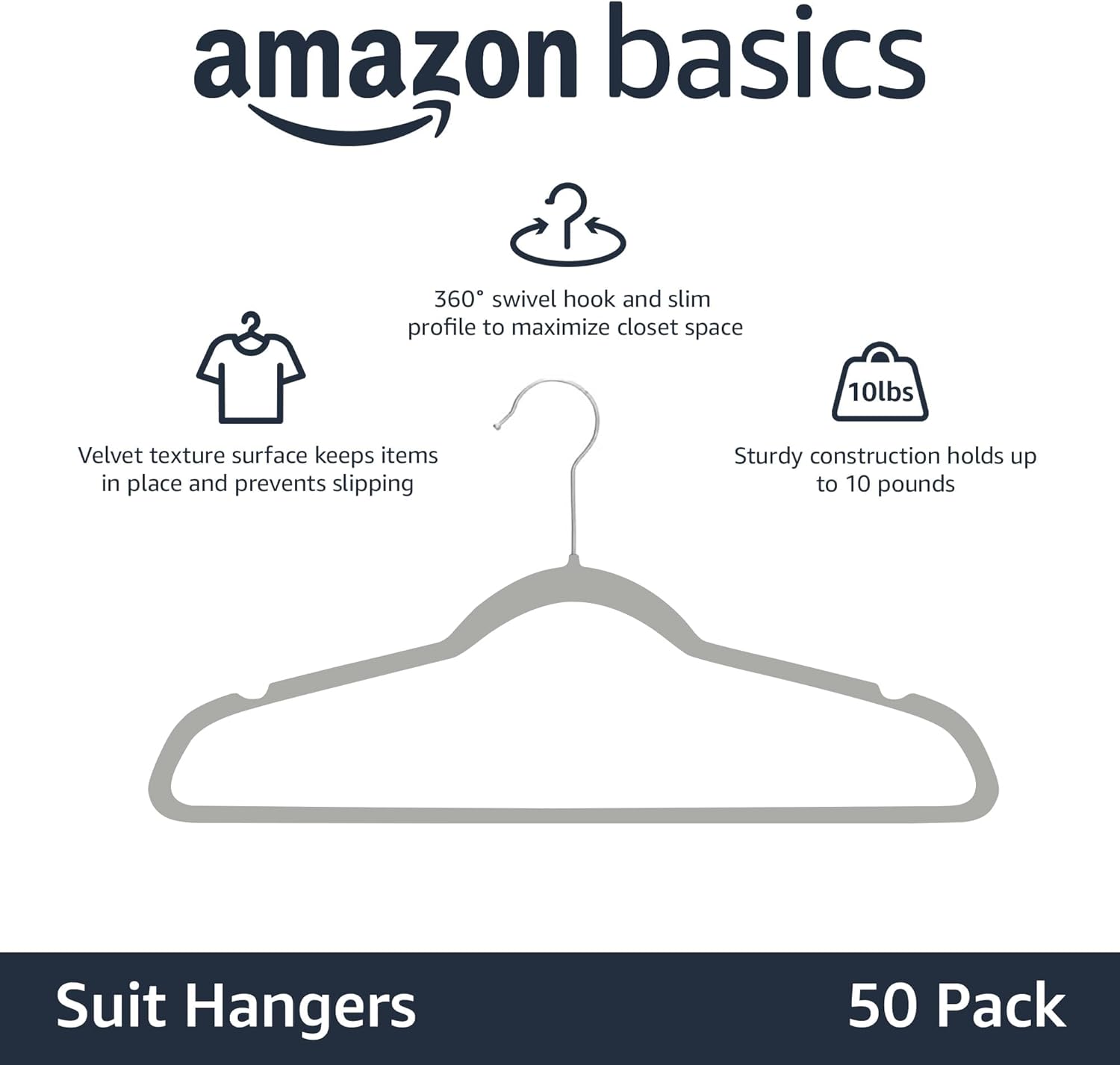 Slim Velvet Non-Slip Space Saving Suit Clothes Hangers, Closet Organizer, Gray/Silver, 50-Pack