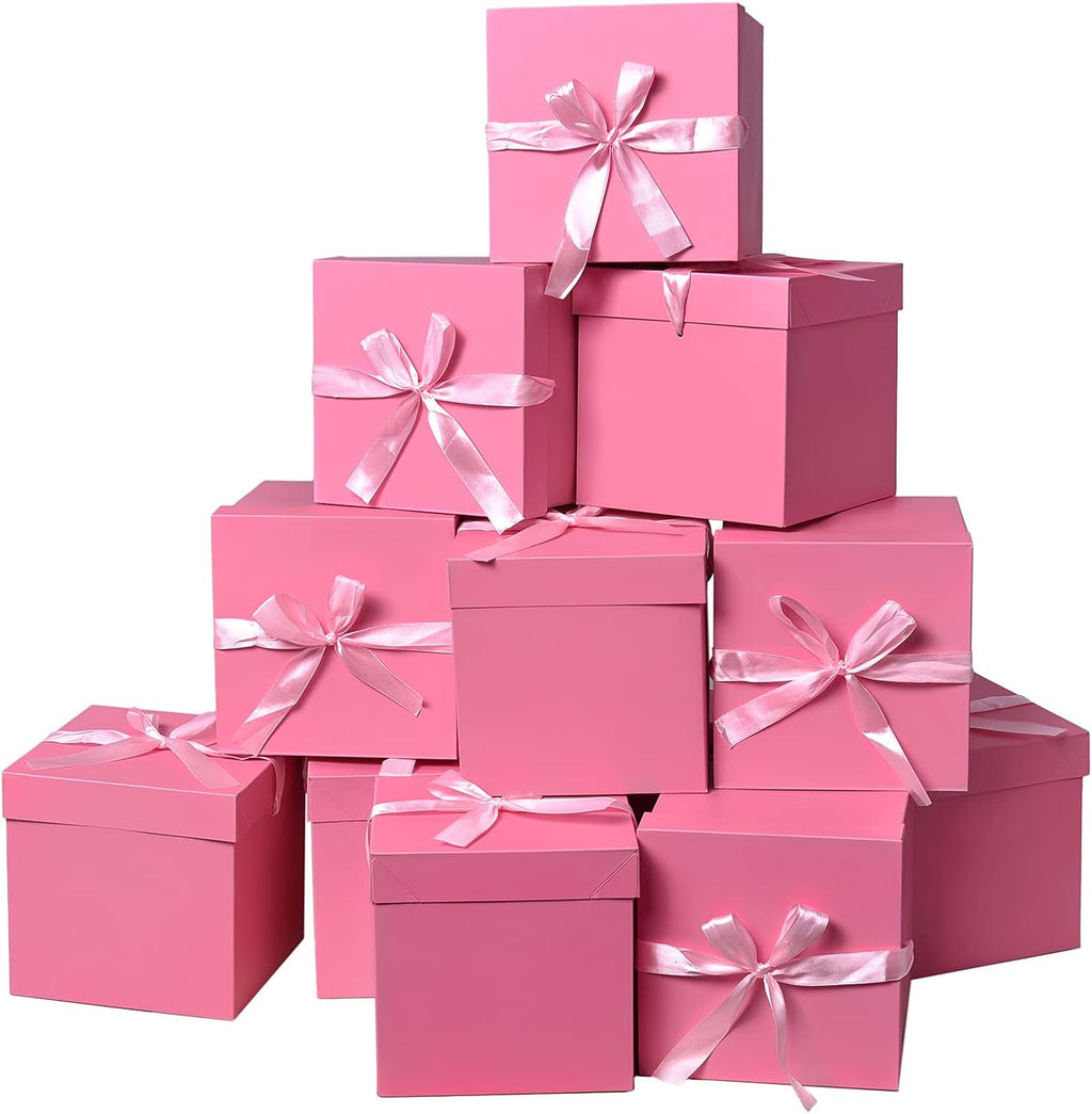 Gift Box with Lid & Ribbon for present, 12pcs, Pink, 6"×6"×6"