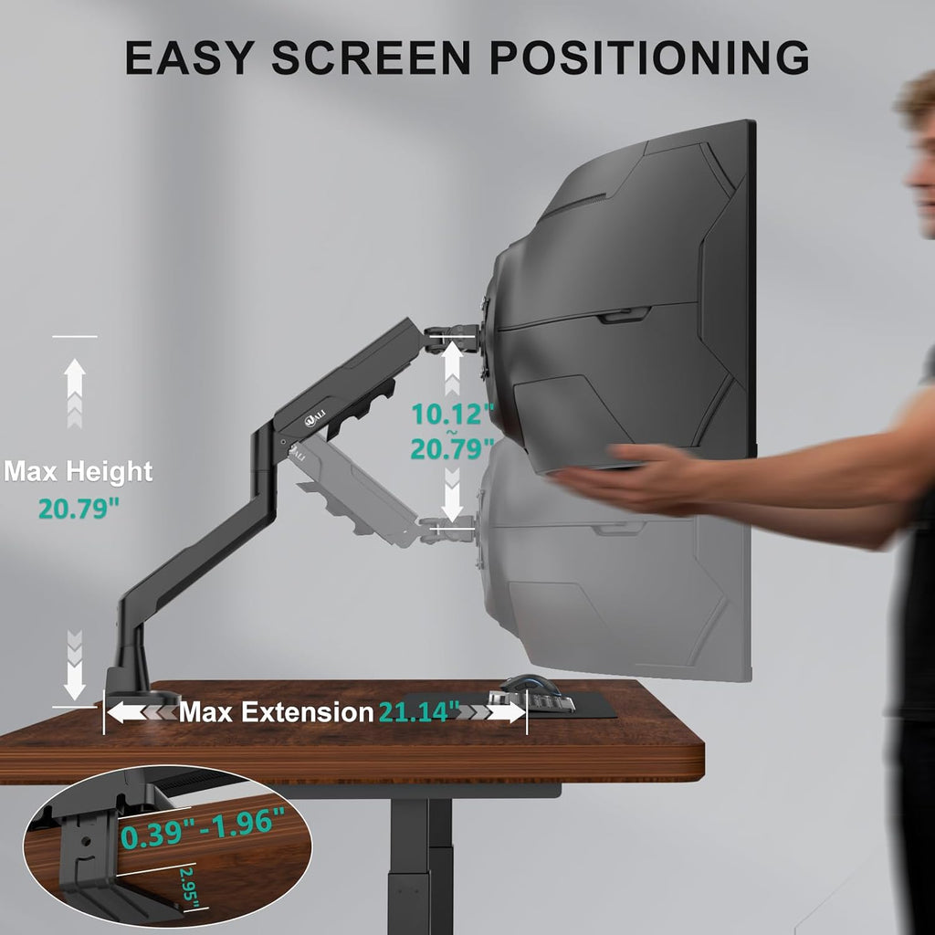 Heavy Duty Single Monitor Arm for 17-49 Inch Flat Curved Ultrawide Screens, up to 33 Lbs, Adjustable Single Monitor
