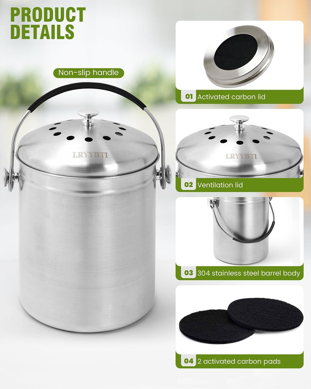 Countertop Compost Bin Kitchen Stainless Steel 1.3 Gallon | With Lid, 2 Charcoal Filter for Odorless Composting