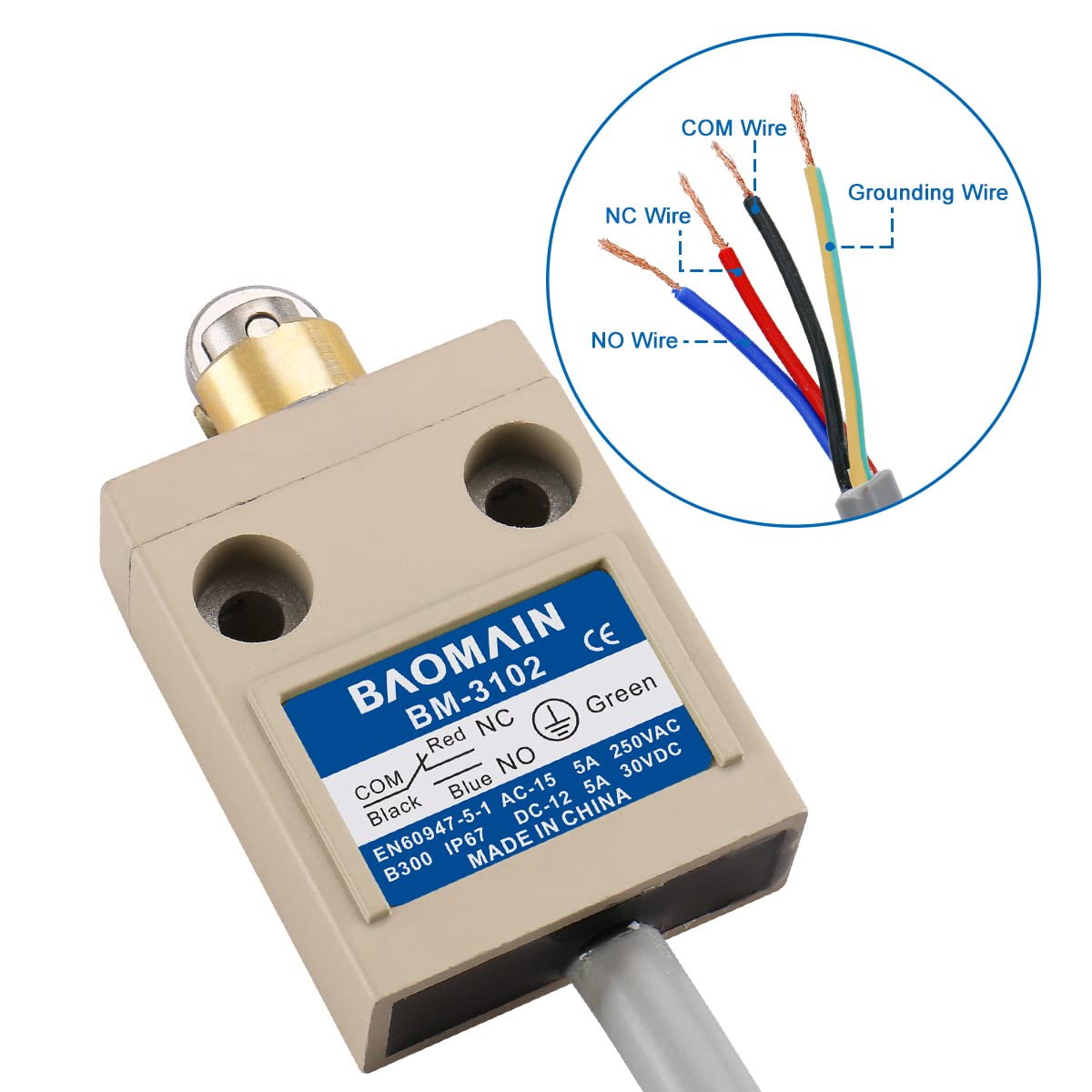 BAOMAIN BM-3102 Limit Switch, Parallel Roller Plunger, SPDT, 5A IP67