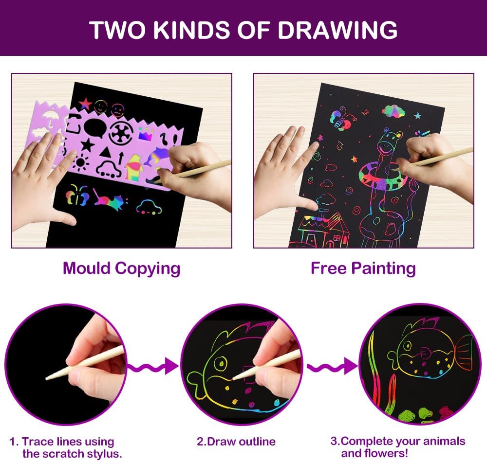 100 Pcs Rainbow Scratch Paper Art for Kids Arts and Crafts Kit | Rainbow Scratch Paper Set Supplies School Activities