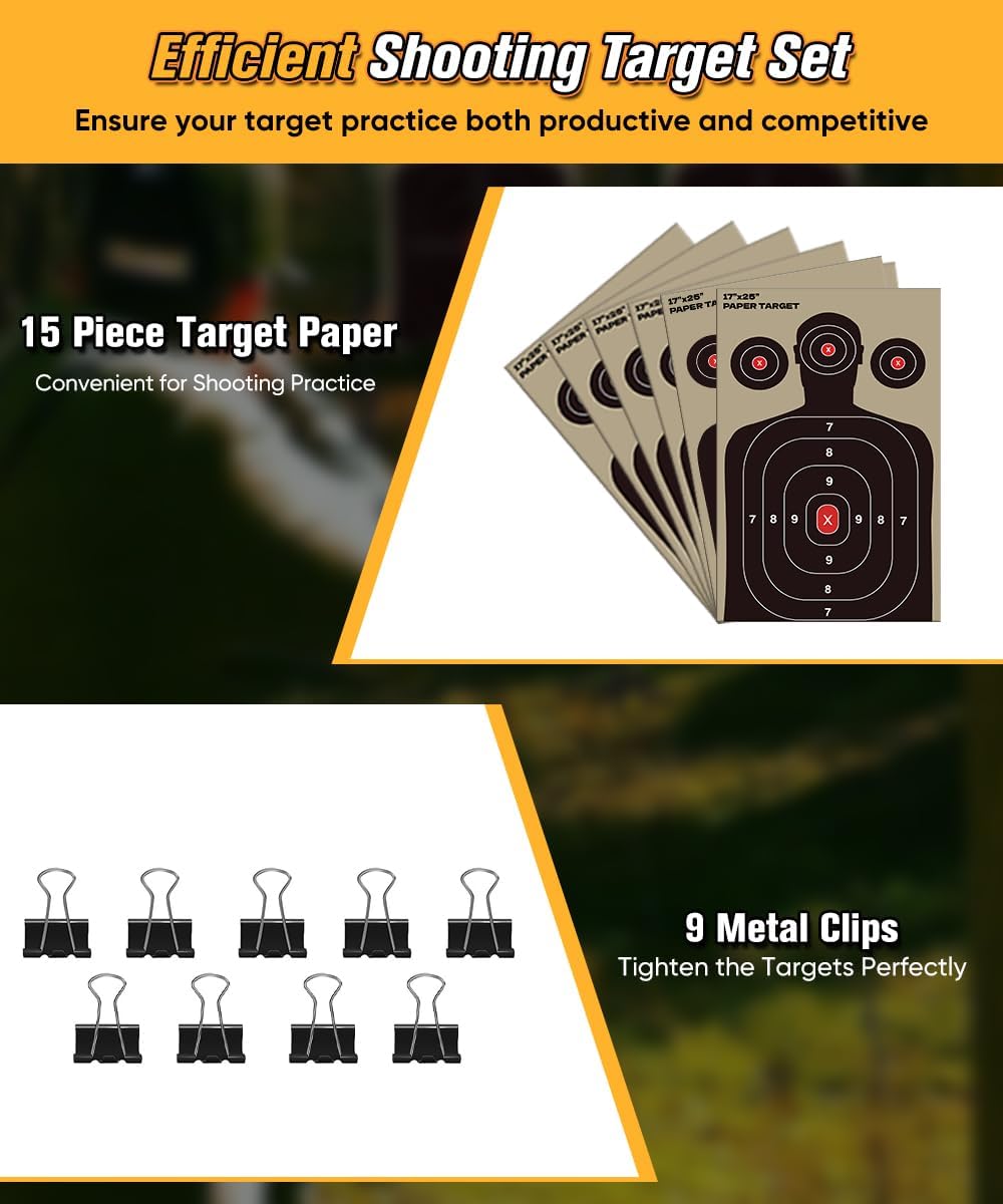 Adjustable Shooting Target Stand with 5-Prong Base, Portable Steel Target Holder with 9 Clips and 15 pcs Paper, Ideal