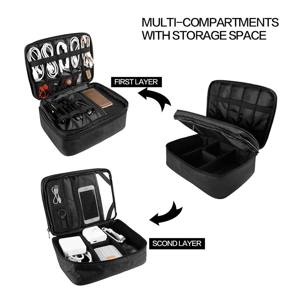 Travel Electronics Organizer, Waterproof Cable Organizer Bag for Electronic Accessories Double Layer Large Shockproof