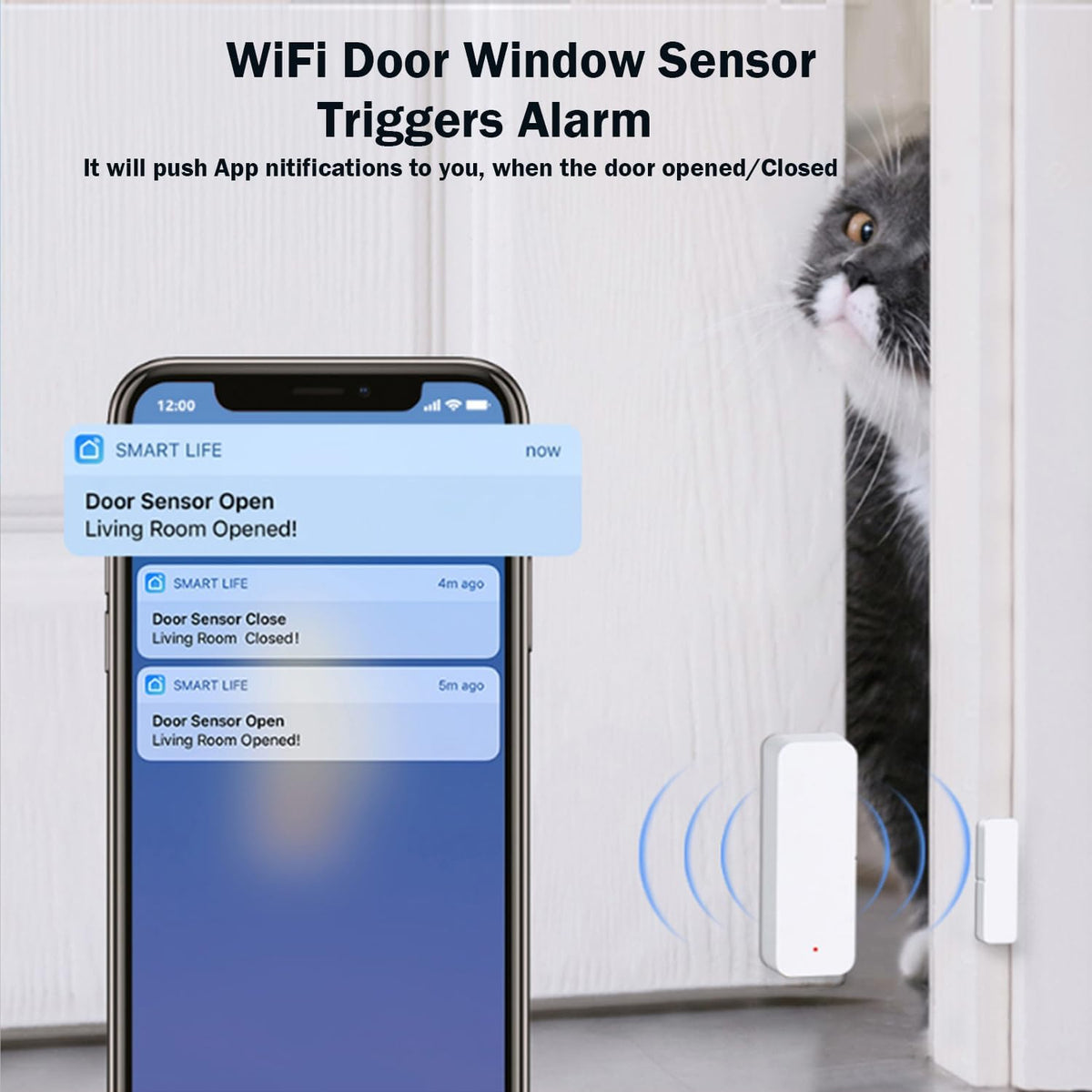 WiFi Door Sensor Window Detector: Smart Window Contact Sensor, Wireless Magnetic Door Open Detector with Free