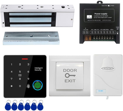 Door Access Control System IP67 Waterproof RFID Fingerprint Keypad Exit Button Doorbell Buzzer 1200lb Magnetic Lock Kit