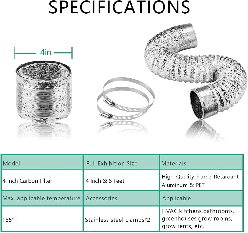 Ventilation Kit, 4 Inch Inline Fan 200 CFM Exhaust Blower, 4 Inch Carbon Fiber Filter Exhaust Fan Combo with 8 Feet