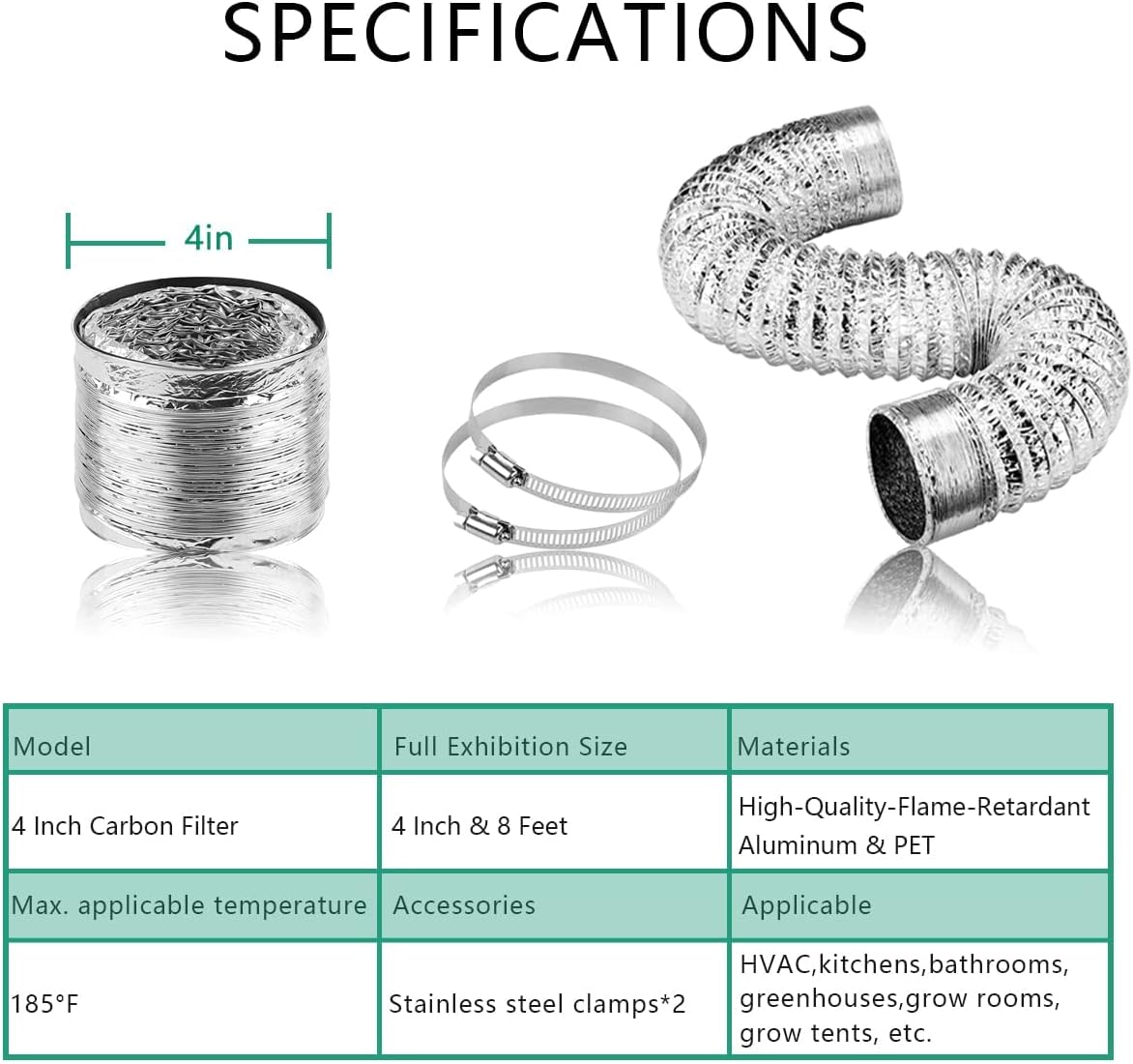 Ventilation Kit, 4 Inch Inline Fan 200 CFM Exhaust Blower, 4 Inch Carbon Fiber Filter Exhaust Fan Combo with 8 Feet