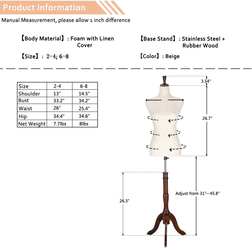 Upgraded Female Dress Form, Mannequin Torse Body with Adjustable Rubber Wood Stand for Dress Jewelry Display (White