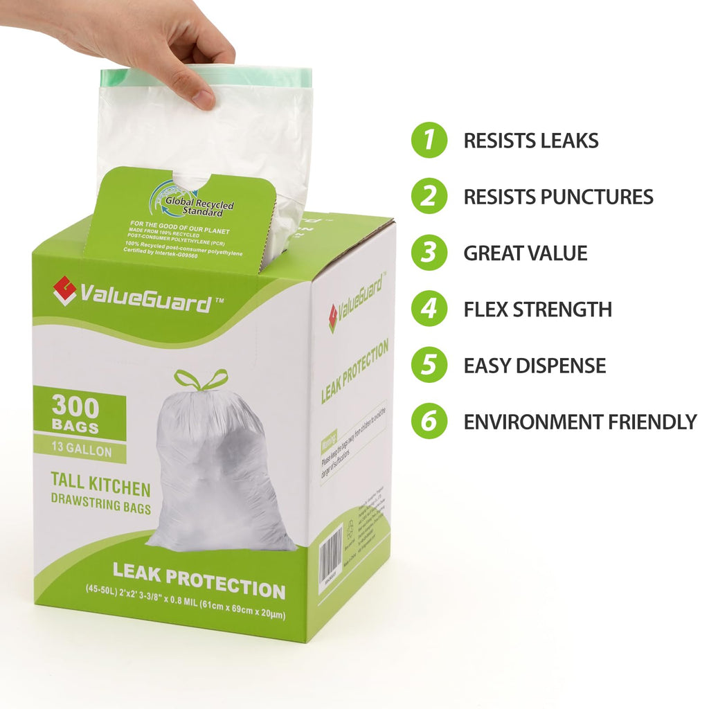 Large Trash Bag 13 Gallon Tall Drawstring 100% Post-Consumer Recycled Garbage Bag Waste Bag for Kitchen Office 0.8