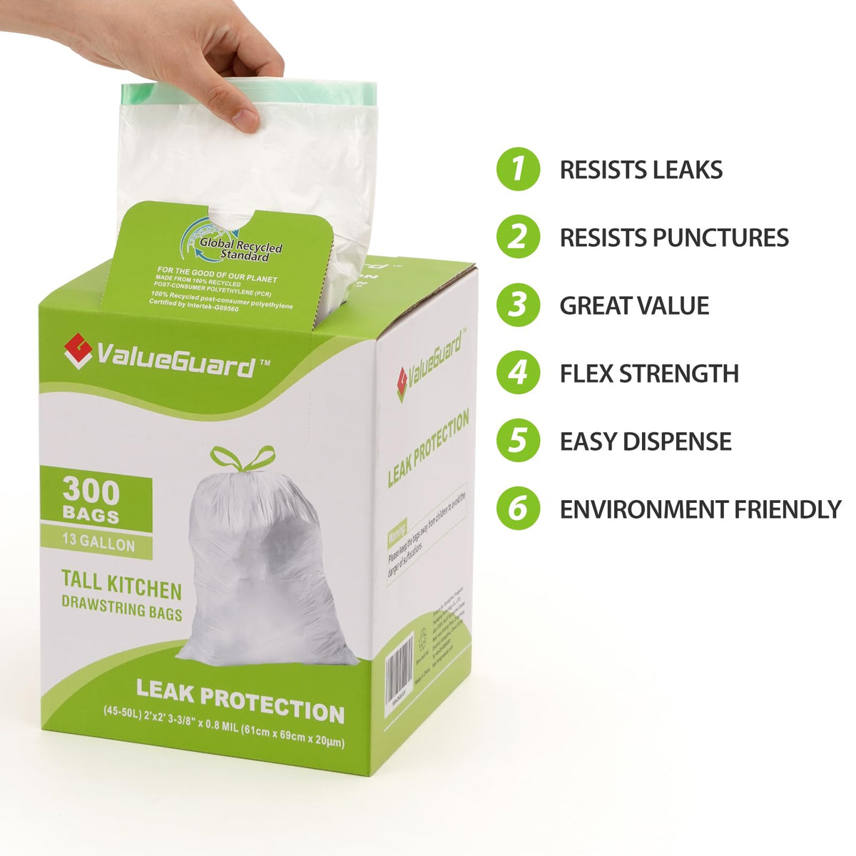 Large Trash Bag 13 Gallon Tall Drawstring 100% Post-Consumer Recycled Garbage Bag Waste Bag for Kitchen Office 0.8