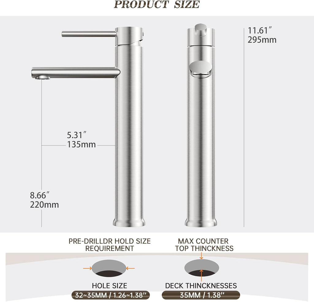 Brushed Nickel Vessel Sink Faucet, Tall Bathroom Faucets 1 Hole Single Handle Above Counter Sink Bathroom Faucet