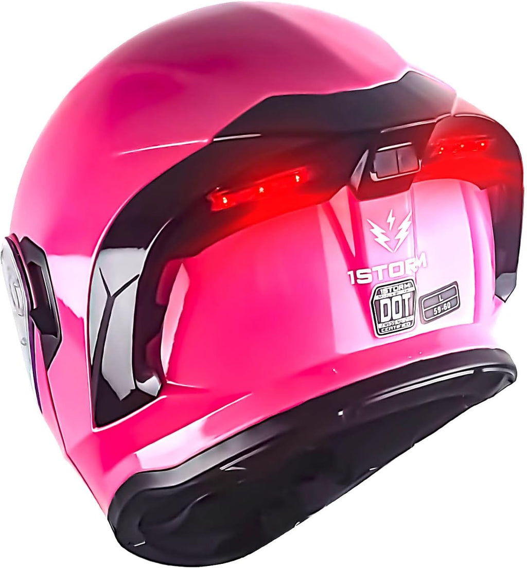 New Motorcycle Bike Modular Full Face Helmet Dual Visor Sun Shield with Rechargeable LED Tail Light: LED-X90 Glossy Pink