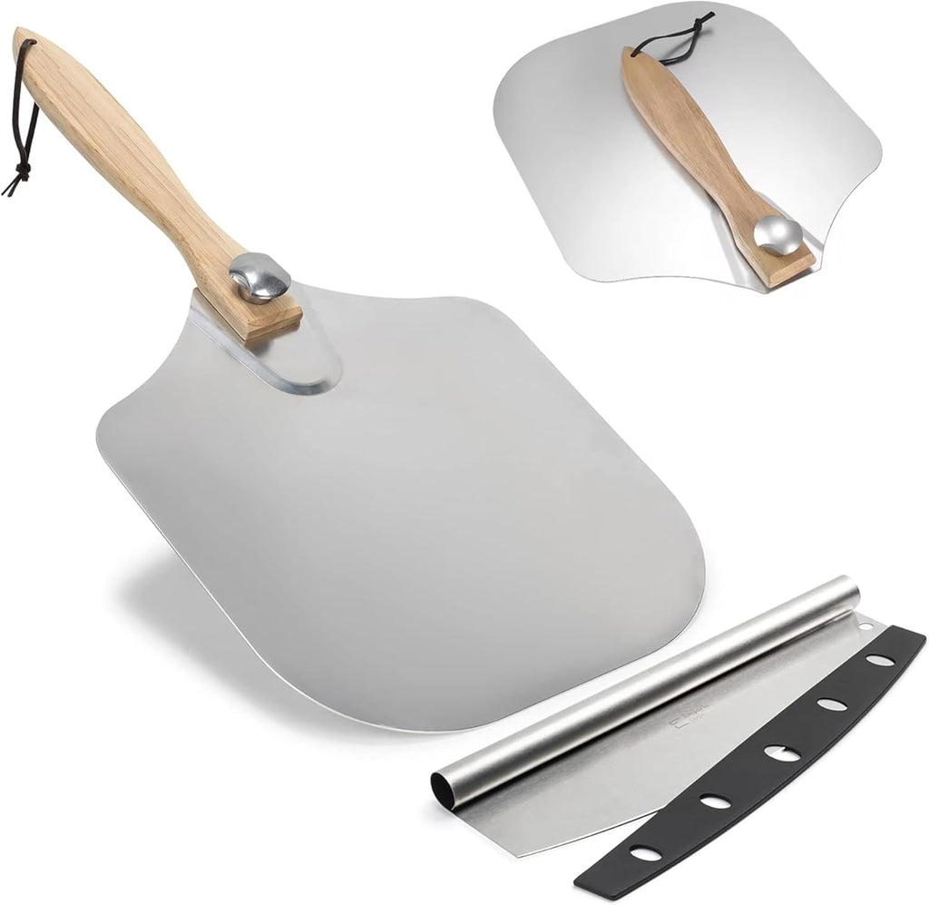 SKH Premium Aluminum Pizza Peel with Foldable Wooden Handle & Rocker Cutter -Large 23" x 12" Metal Pizza Paddle for
