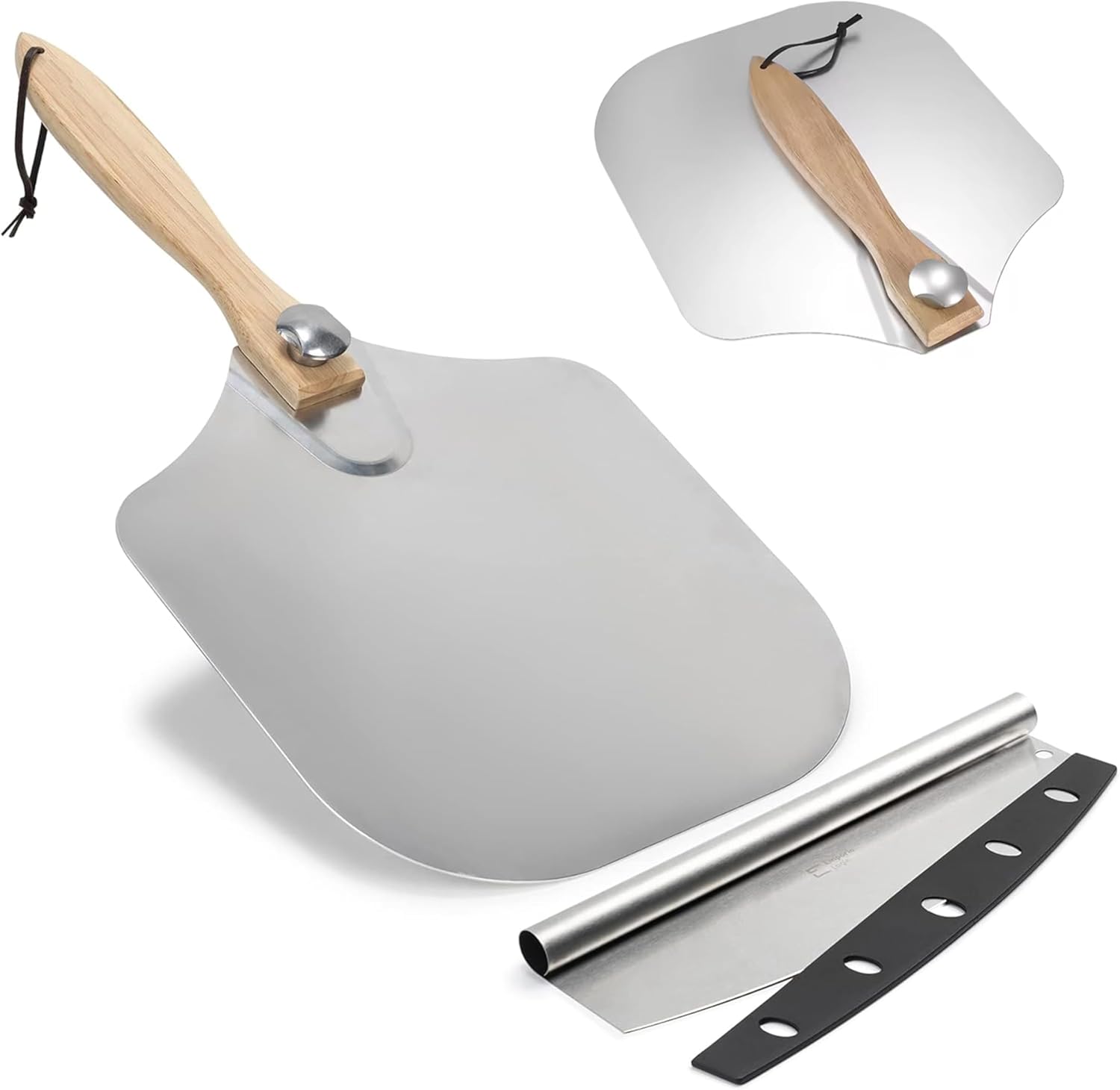 SKH Premium Aluminum Pizza Peel with Foldable Wooden Handle & Rocker Cutter -Large 23" x 12" Metal Pizza Paddle for