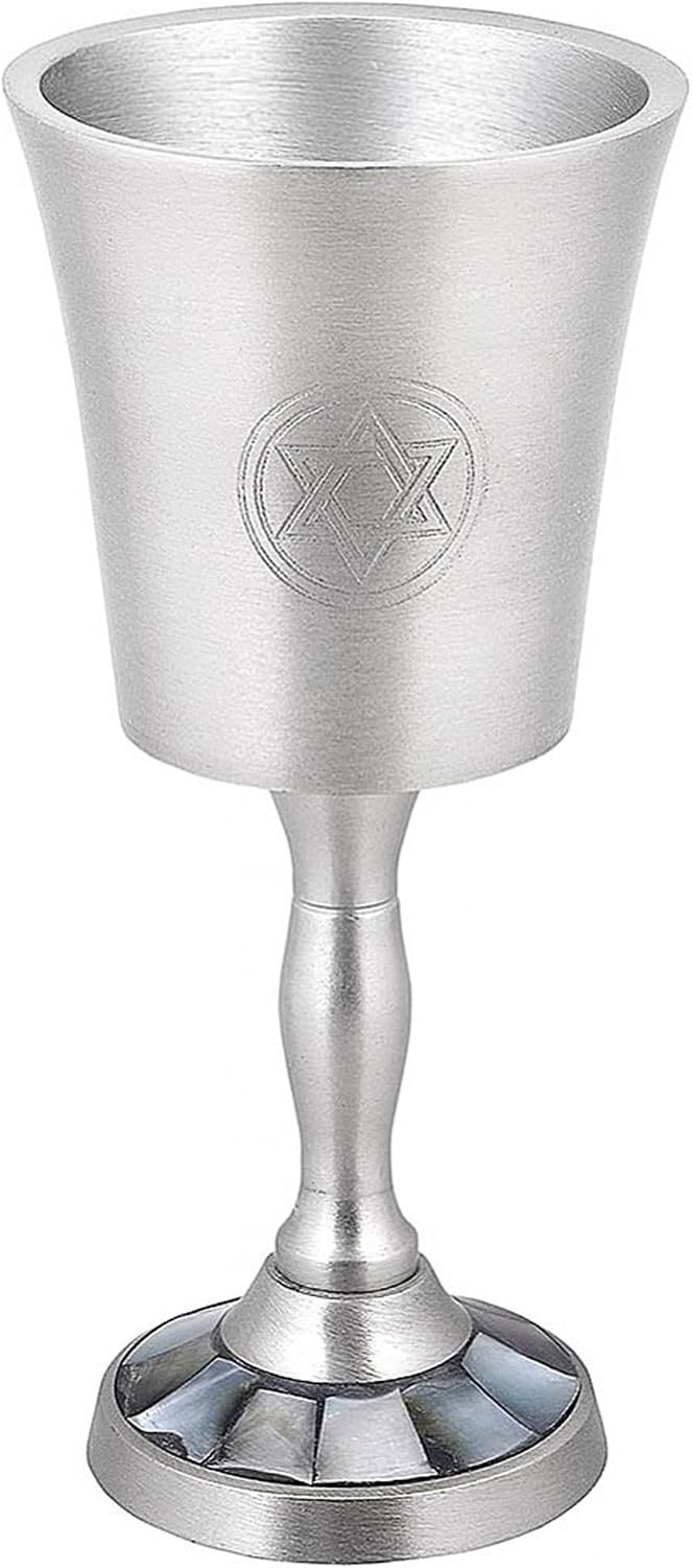 Zion Judaica Passover Seder Natural Black Pearl Inlay Kiddush Cup Goblet 6" Tall Engraved Star of David Pewter Finish