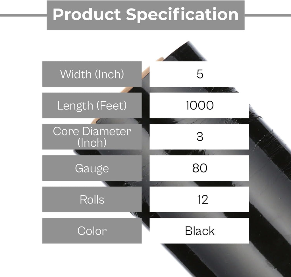 Black Stretch Wrap, 12 Pack, 5 Inch, 1000 Feet/Roll