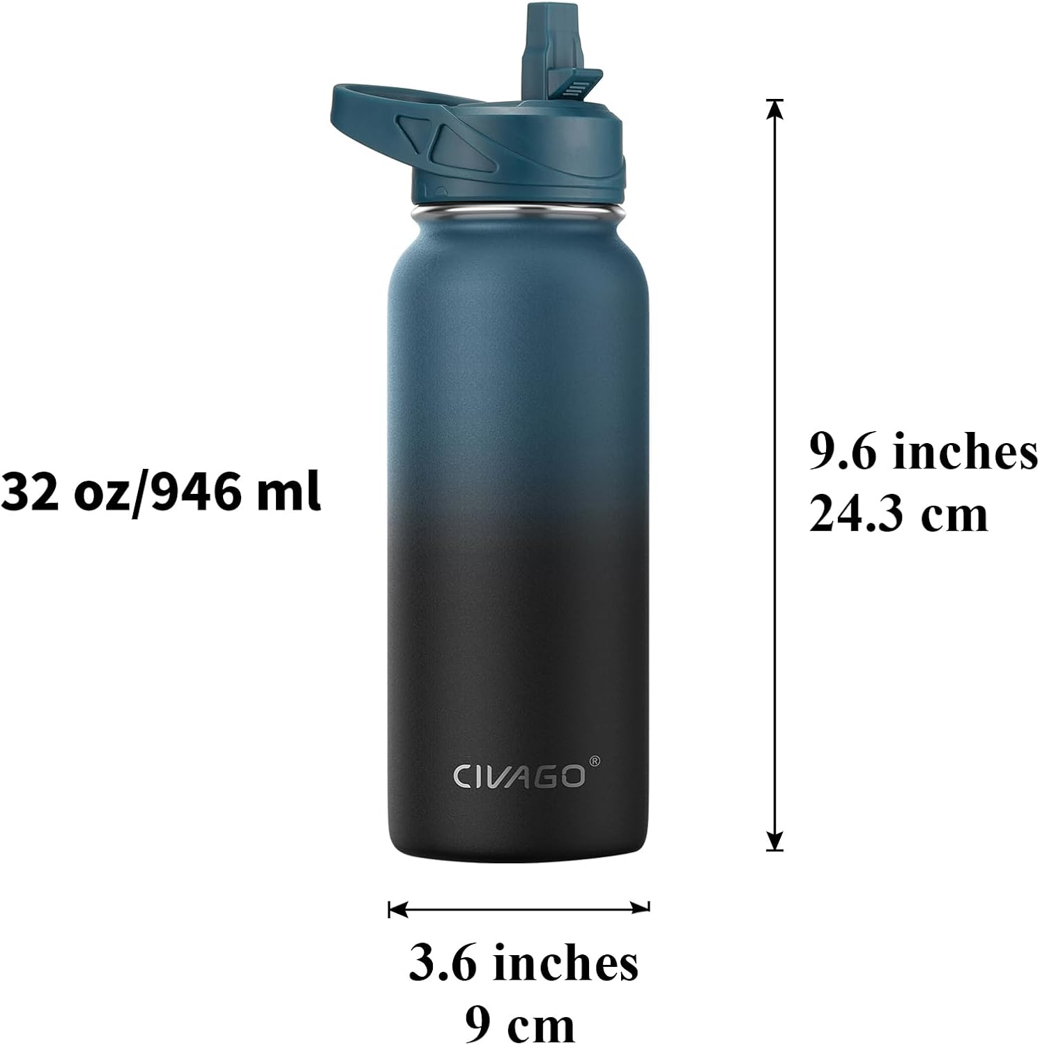 32 oz Insulated Stainless Steel Water Bottle With Straw and 3 Lids | Large Metal Sports Water Jug, Leakproof Reusable
