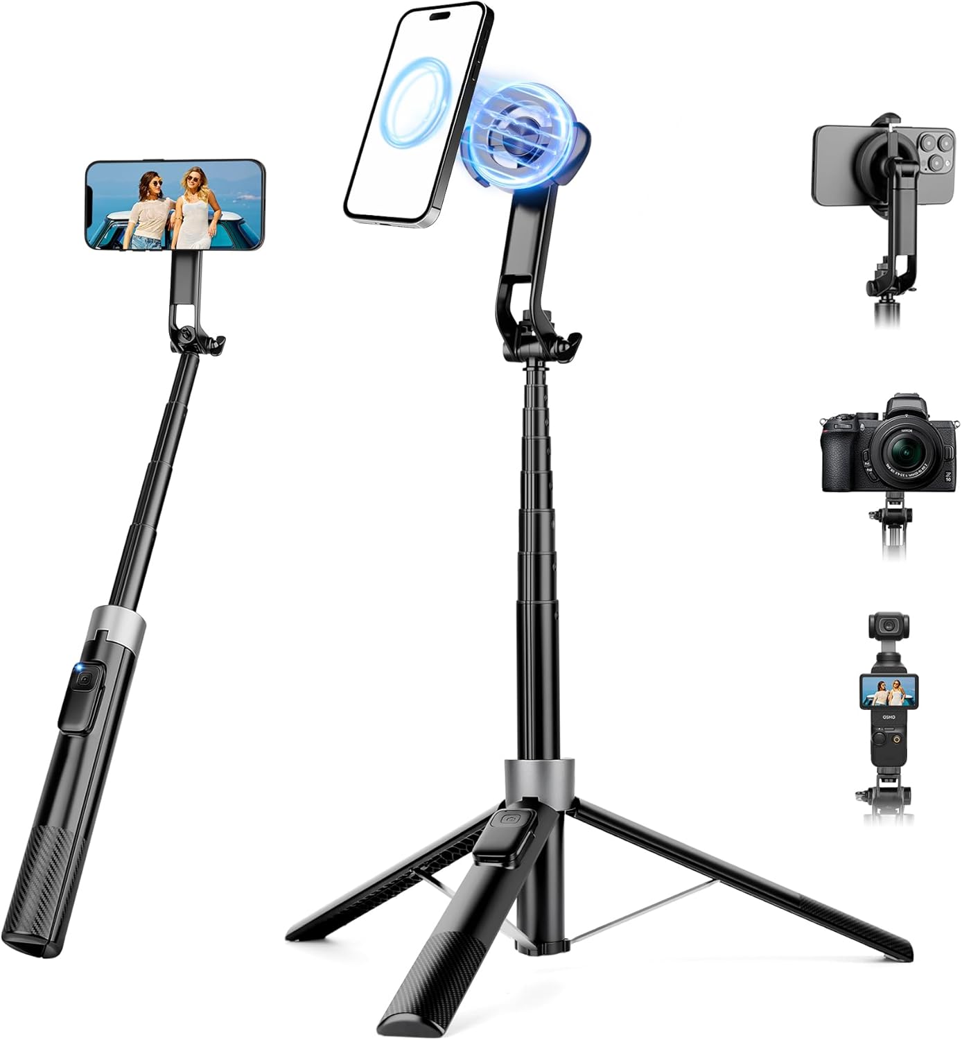 70" Magnetic Phone Tripod, Selfie Stick Tripod for iPhone MagSafe & Camera | Rechargeable Remote & 2 in 1 Magnetic